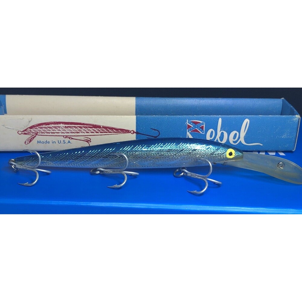 Rebel Vintage Fishing Lure Box Marked J-201 Silver Yellow Eye 3-Hooks 4-1/2”